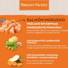 INGREDIENTES Nature´s Variety NO GRAIN SALMÓN gatos esterilizados