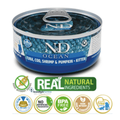 Comida húmeda para gatitos sin cereales farmina ND Ocean kitten atún bacalao gambas calabaza 70 g características