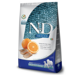 Pienso sin cereales para perros de raza medianos grandes ND Ocean arenque naranja perros adultos medium maxi