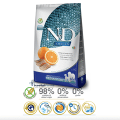 Pienso sin cereales para perros de raza medianos grandes ND Ocean arenque naranja perros adultos medium maxi características