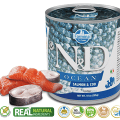 alimentación húmeda SIN CEREALES para perros adultos ND Ocean Salmón Bacalao lata 285 g perros adultos características