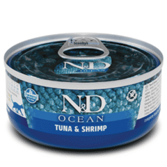 alimento húmedo SIN CEREALES gatos adultos ND Ocean atún gambas gatos adultos 70 g