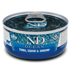 comida húmeda SIN CEREALES para gatos adultos ND Ocean atún calamar gambas latas gatos adultos 70 g