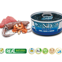 comida húmeda SIN CEREALES para gatos adultos ND Ocean atún calamar gambas latas gatos adultos 70 g características