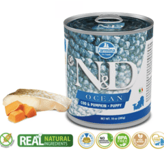 comida húmeda SIN CEREALES para perros ND Ocean perros adultos bacalao calabaza lata 285 g características
