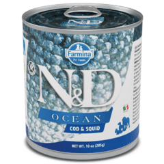 comida húmeda SIN CEREALES perros adultos ND Ocean Bacalao Calamar lata 285 g perros adultos
