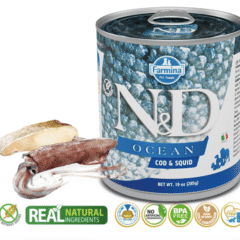 comida húmeda SIN CEREALES perros adultos ND Ocean Bacalao Calamar lata 285 g perros adultos características