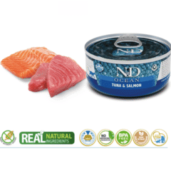 comida húmeda gatos adultos SIN CEREALES ND Ocean atún salmón lata gatos adultos 70 g características