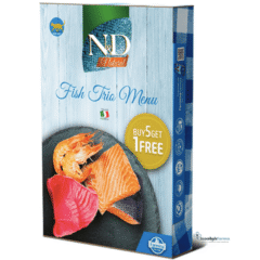 comida húmeda para gatos adultos en pack de latas de sabores Nd Natural Fish trio Menú 6x70 g
