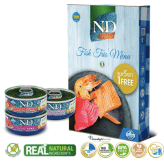 comida húmeda para gatos adultos en pack de latas de sabores Nd Natural Fish trio Menú 6x70 g características