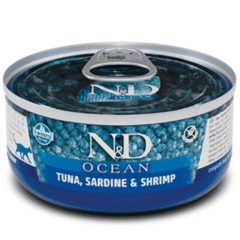 comida húmeda para gatos adultos sin cereales ND Ocean atún sardina gambas latas gatos adultos 70 g