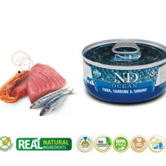 comida húmeda para gatos adultos sin cereales ND Ocean atún sardina gambas latas gatos adultos 70 g características