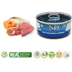 comida húmeda sin cereales y con ingredientes naturales para gatos adultos ND Ocean atún bacalao gambas calabaza gatos adultos características