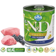 alimento húmedo SIN CEREALES para perros adultos ND Prime dog lata Cordero Arándanos SIN CEREALES perros adultos 6x285 g Características