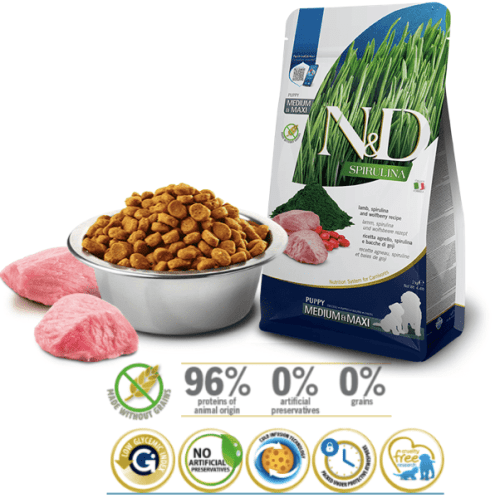 aspecto y características alimento para cachorros de raza mediana grande farmina nd spirulina puppy med-maxi cordero