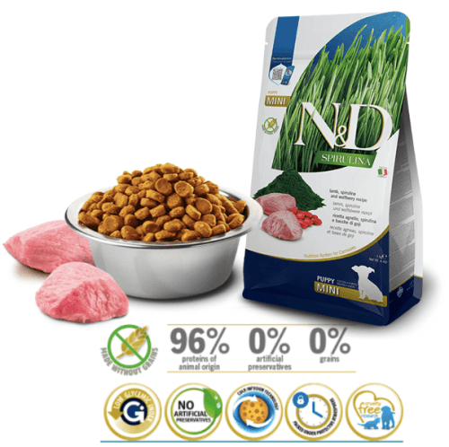 aspecto y características alimento para cachorros de raza mini farmina nd spirulina puppy mini cordero 2 kg