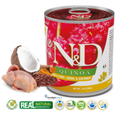 Características alimento húmedo nd quinoa dog lata skin coat CODORNIZ 285 g