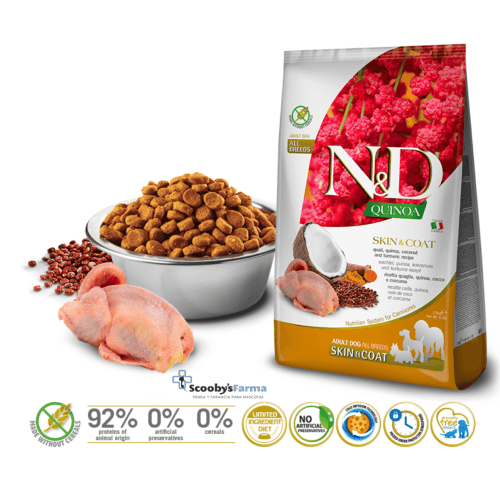 características pienso para perros piel sensible nd quinoa skin coat codorniz