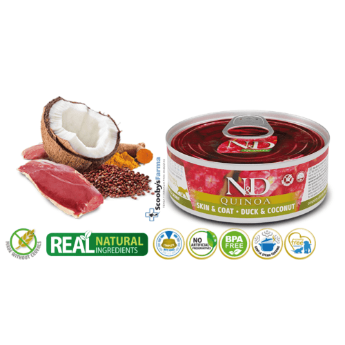 características alimento húmedo gatos piel sensible ND Quinoa Skin Coat pato lata gatos