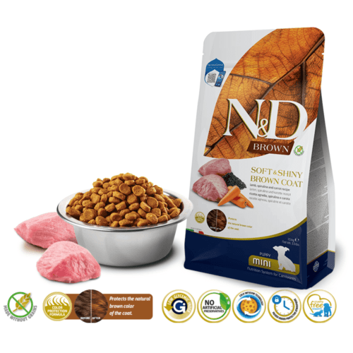 características alimento para perros cachorros mini de pelo marrón farmina nd brown cordero spirulina zanahoria 1,5 kg
