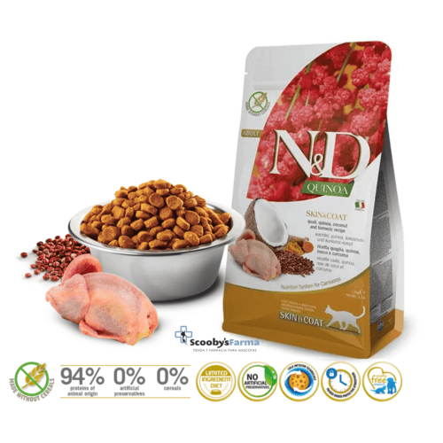 características pienso para gatos de piel sensible con intolerancia nd quinoa codorniz skin coat gatos