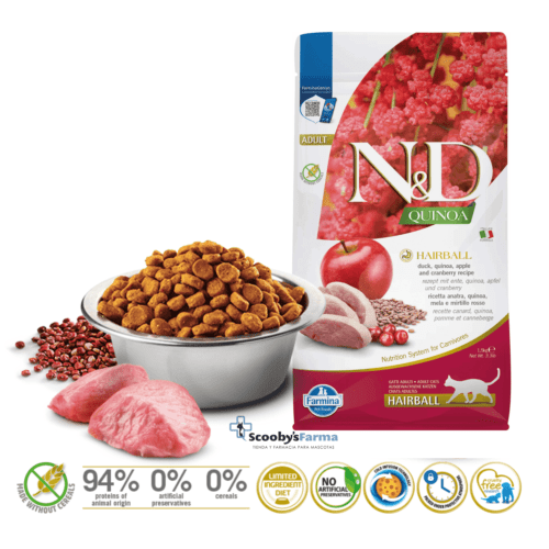 características pienso para gatos para ayudar a eliminar bolas de pelo nd quinoa hairball pato gatos