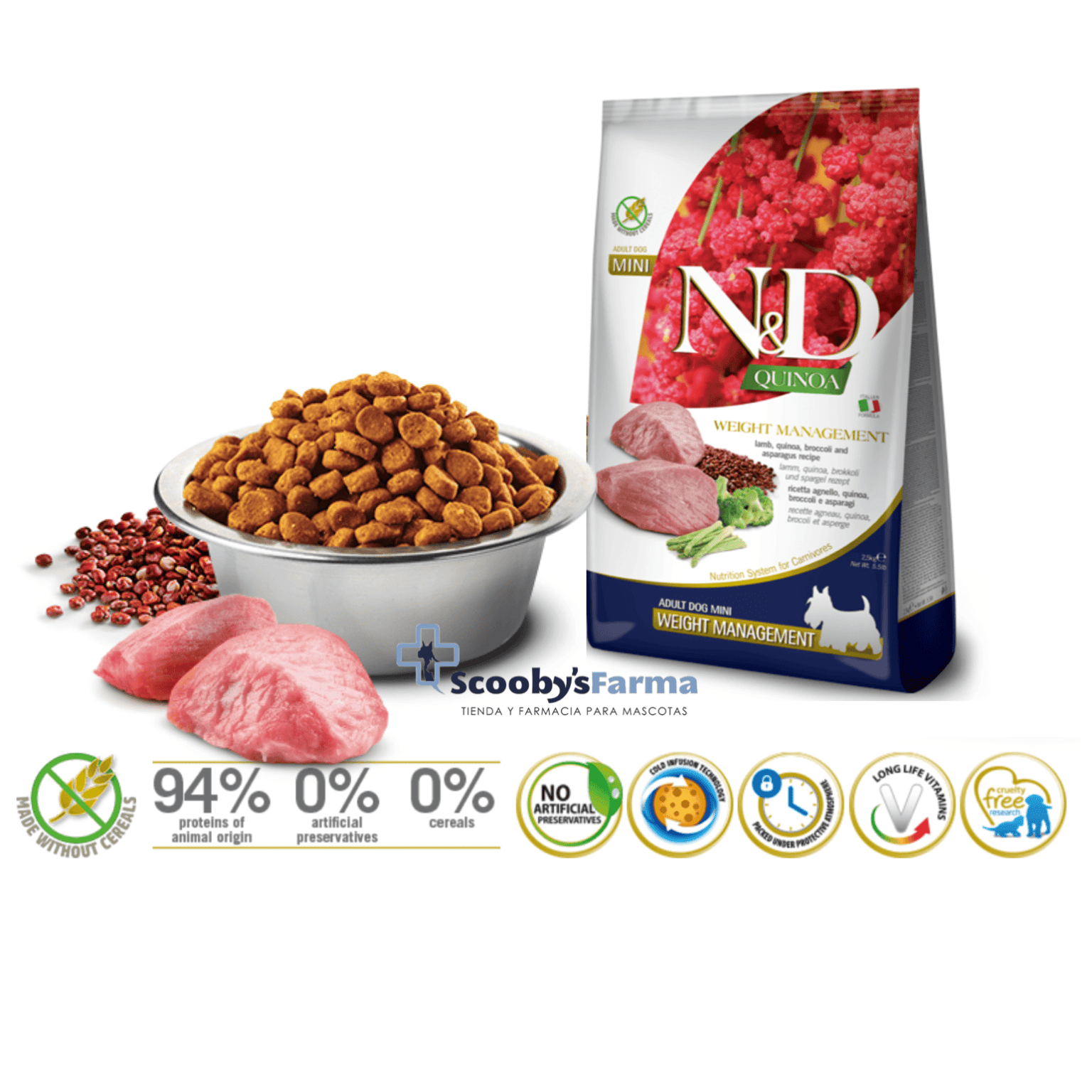características pienso light para perros mini con sobrepeso ND Quinoa DOG CORDERO Weight Management control de peso perros MINI 2,5 kg