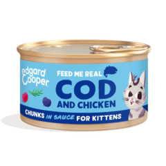 comida húmeda para gatitos trocitos Bacalao pollo kitten sin cereales Edgard Cooper 85 g