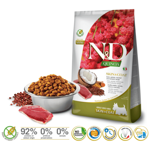 Características pienso para perros con pieles sensibles farmina nd quinoa dog mini skin coat PATO perros adultos mini