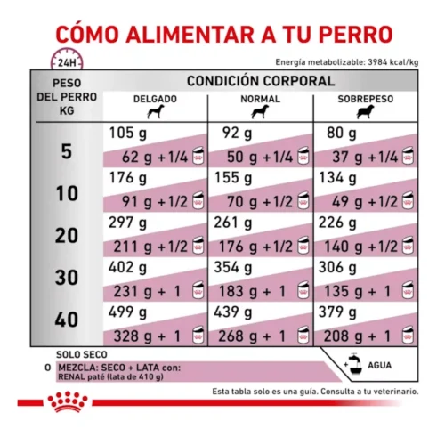 dosis diaria recomendada pienso de dieta veterinaria para perros con daño renal Royal canin renal para perros